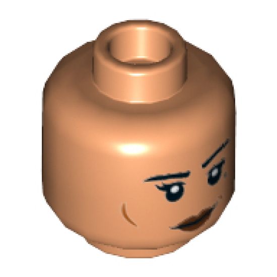 Minifigure, Head Dual Sided Female Dark Red Lips, Black Eyebrows, Cheek Lines, Dark Bluish Gray Tattoo, Smile / Angry Pattern - Hollow Stud