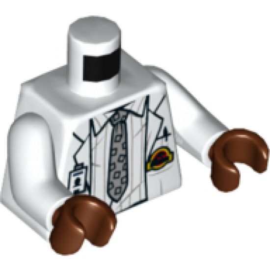 Torso Lab Coat with Striped Shirt, Tie, ID Badge, and Jurassic Park Logo Pattern / White Arms / Reddish Brown Hands