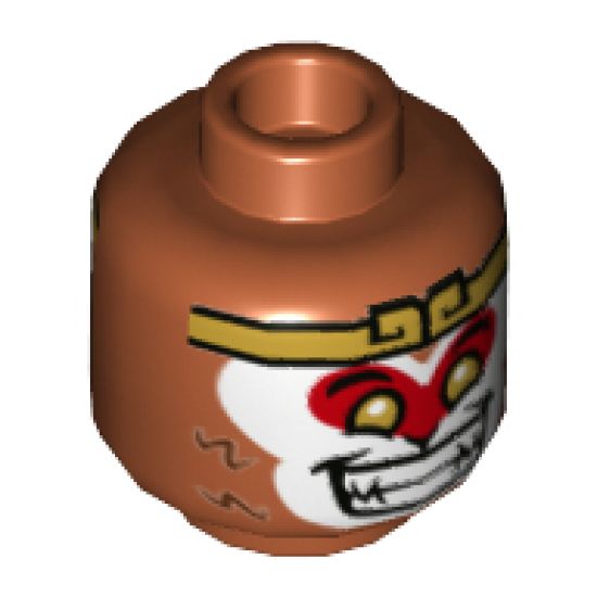 Minifigure, Head Dual Sided Gold Headband and Eyes, White Face with Red Around Eyes, Wide Smile / Neutral with One Sharp Tooth Pattern - Hollow Stud