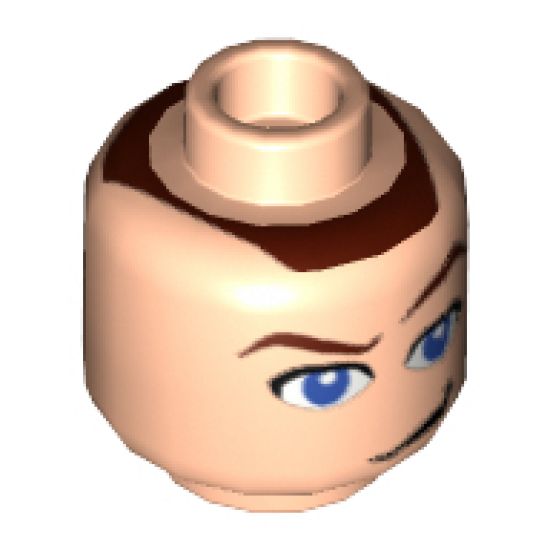Minifigure, Head Male Eyes Blue with Raised Eyebrow and Smirk Pattern (Sokka) - Blocked Open Stud