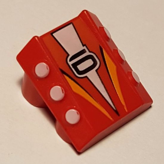 Brick, Modified 2 x 2 No Studs, Sloped with 6 Side Pistons Raised and '6', White Triangle and Orange Stripes Pattern