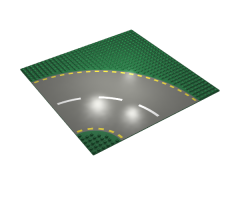 Baseplate, Road 32 x 32 6-Stud Curve with Dark Gray Road with Yellow Dashed Lines Pattern