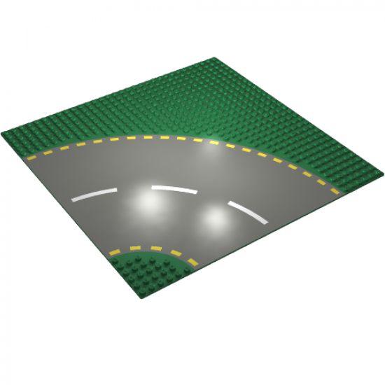 Baseplate, Road 32 x 32 6-Stud Curve with Dark Gray Road with Yellow Dashed Lines Pattern