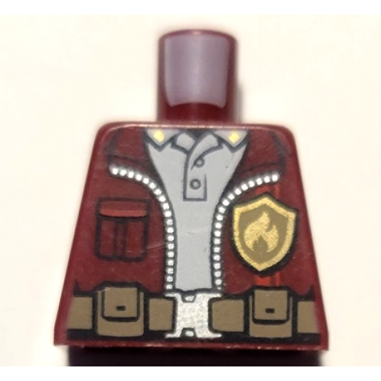 Torso Jacket with Gold Fire Logo Badge over White Polo Shirt, Utility Belt, Red Fire Logo on Back Pattern