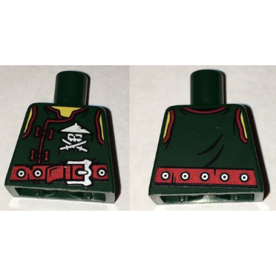 Torso Ninjago Vest with Red Clasps, Ninja Skull with Crossed Swords and Red Belt with Silver Buckle Pattern
