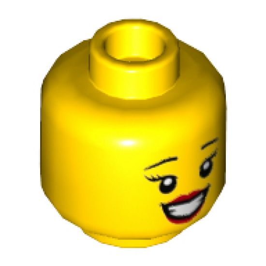 Minifigure, Head Dual Sided Female, Black Eyebrows, Red Lips, Large Smile Showing Teeth / Small Lopsided Grin Pattern - Hollow Stud