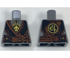 Torso Ninjago Silver Armor with Gold Earth Emblems, Black Robe, Reddish Brown Rope Pattern