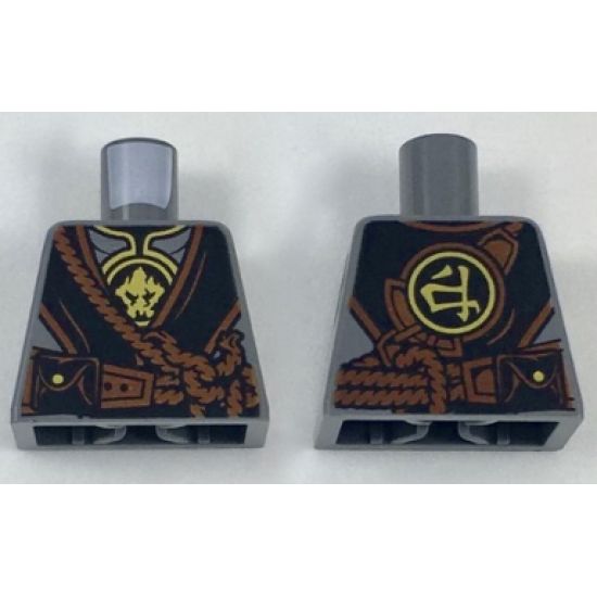 Torso Ninjago Silver Armor with Gold Earth Emblems, Black Robe, Reddish Brown Rope Pattern