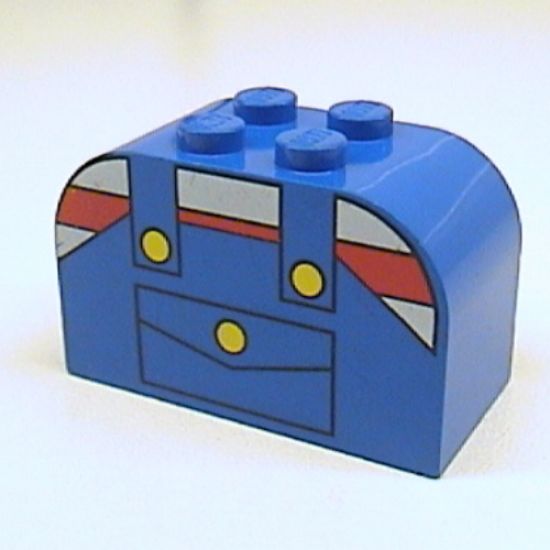 Slope, Curved 4 x 2 x 2 Double with Four Studs with Red and White Striped Shirt and Overalls Pattern