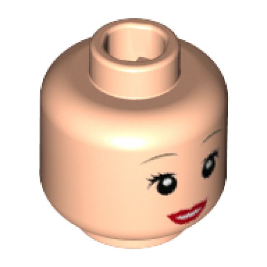 Minifigure, Head Female Dark Tan Eyebrows, Red Lips, Open Mouth Smile, Eyelashes Pattern (Alice) - Hollow Stud