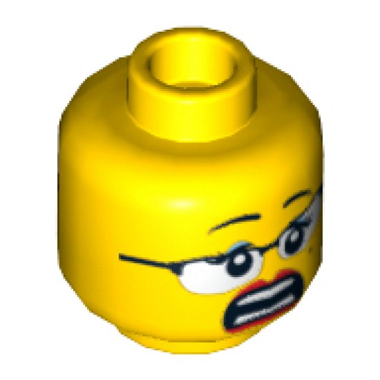 Minifigure, Head Dual Sided Female Glasses with Black Frames, Red Lips, Beauty Mark, Laughing / Scared Pattern - Hollow Stud