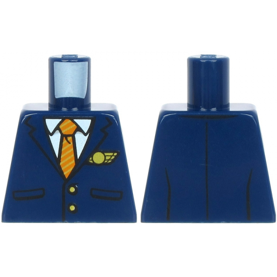 Torso Suit with Pockets over White Shirt, Gold and Dark Orange Striped Tie, Gold Buttons and Logo Pin Pattern