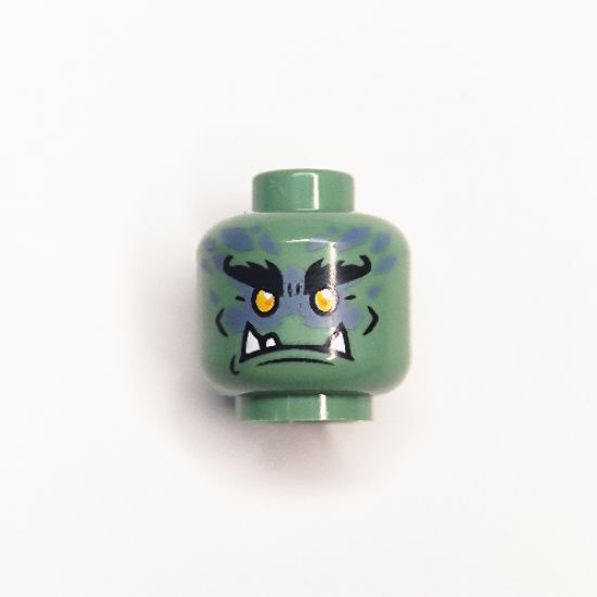 Minifigure, Head Black Bushy Eyebrows, Yellow Eyes, 3 White Pointed Teeth, and Sand Blue Spots in Back Pattern - Hollow Stud