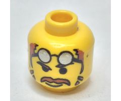 Minifigure, Head Moustache Brown Hair, Glasses on Forehead, Raised Eyebrow Pattern - Blocked Open Stud