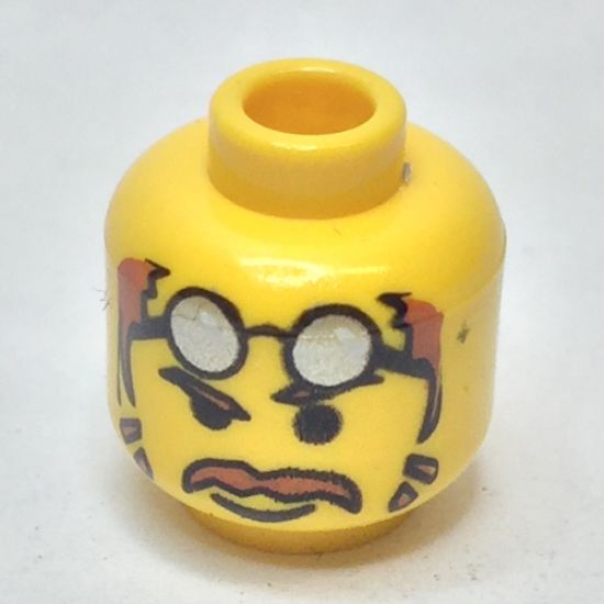 Minifigure, Head Moustache Brown Hair, Glasses on Forehead, Raised Eyebrow Pattern - Blocked Open Stud