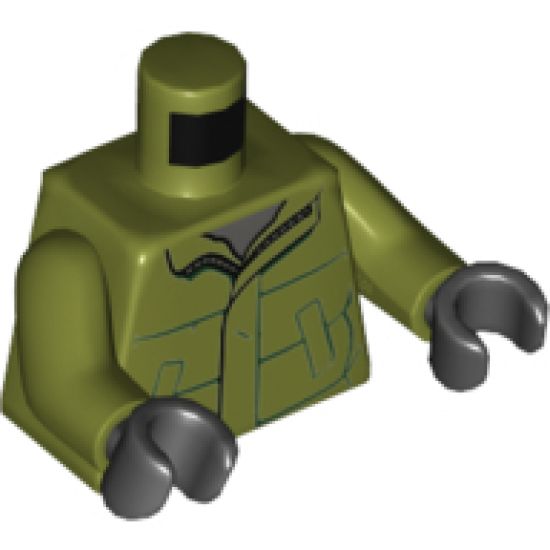 Torso Winter Jacket with Dark Green Lines, Pockets and Zipper over Dark Bluish Gray Shirt Pattern / Olive Green Arms / Black Hands