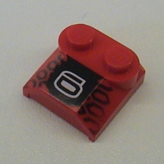 Slope, Curved 2 x 2 x 2/3 with Two Studs and Curved Sides, Lip End with '6' and Black Tire Tread Pattern