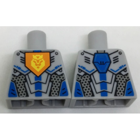Torso Nexo Knights Armor with Orange Emblem with Yellow Crowned Lion, Silver Panels, Dark Azure Hexagon Pattern