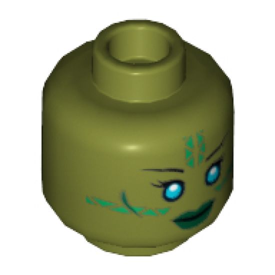 Minifigure, Head Alien with Blue Eyes, Green Markings and Dark Green Lips Pattern (SW Jedi Consular) - Hollow Stud