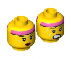 Minifigure, Head Dual Sided Female Pink Headband, Sweat Beads, Red Lips, Mouth Closed / Clenched Teeth Pattern - Hollow Stud