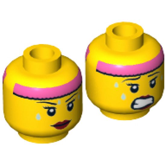 Minifigure, Head Dual Sided Female Pink Headband, Sweat Beads, Red Lips, Mouth Closed / Clenched Teeth Pattern - Hollow Stud