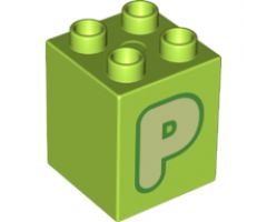 Duplo, Brick 2 x 2 x 2 with Letter P Yellowish Green Pattern