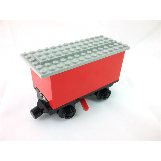 Train Battery Box Car with Three Contact Holes, Red Switch Lever, Black Magnets, Black Wheels, and Light Gray Roof