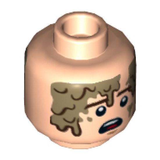 Minifigure, Head Dual Sided Brown Eyebrows, Cheek Lines, Chin Dimple, Mud Stains, Determined / Scared Pattern (SW Han Solo, Mudtrooper) - Hollow Stud