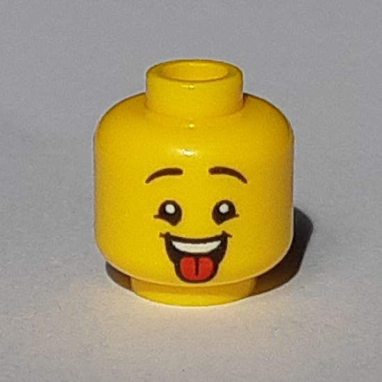 Minifigure, Head Dual Sided Child Black Eyebrows, Open Mouth with Red Tongue / Red Tongue Sticking Out Pattern - Hollow Stud