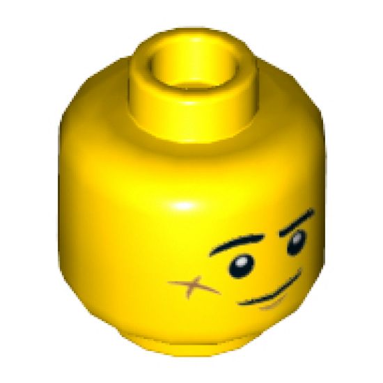 Minifigure, Head Dual Sided Black Eyebrows, Cheek Scar, Lopsided Smile / Scared Pattern - Hollow Stud