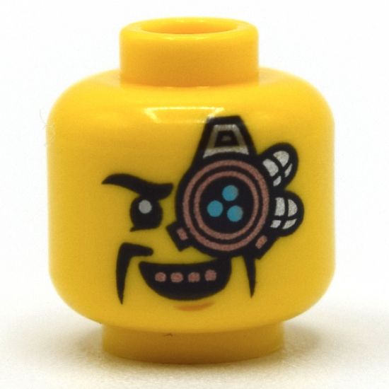 Minifigure, Head Copper and Silver Mechanical Eyepatch, Black Moustache Fu Manchu, Copper Teeth Pattern - Hollow Stud