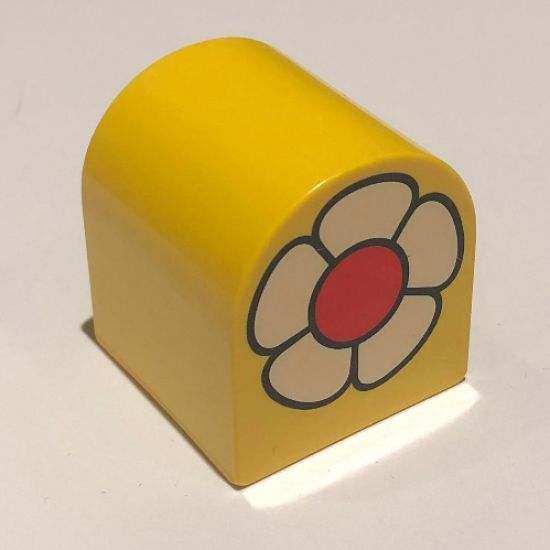 Duplo, Brick 2 x 2 x 2 Curved Top with White Flower with Red Center Pattern