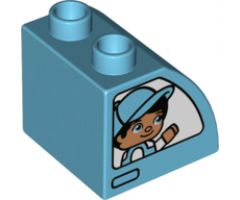 Duplo, Brick 2 x 2 x 1 1/2 with Curved Top with Boy with Cap, Girl with Bow, and White Vehicle Windows Pattern