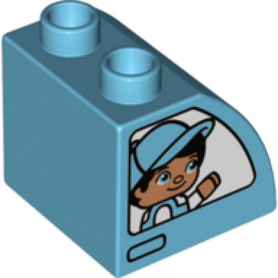 Duplo, Brick 2 x 2 x 1 1/2 with Curved Top with Boy with Cap, Girl with Bow, and White Vehicle Windows Pattern