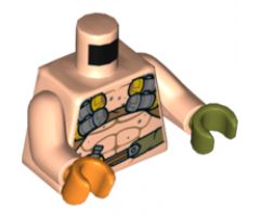 Torso Bare Chest with Muscles Outline, Harness and Belt with Silver Canteen Pattern / Light Nougat Arms / Olive Green Hand Left / Orange Hand Right