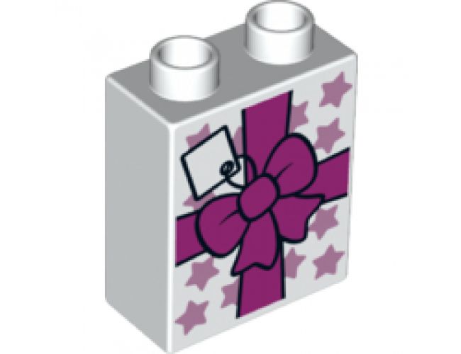 Duplo, Brick 1 x 2 x 2 with Present / Gift with Bow and Stars Pattern (10505)