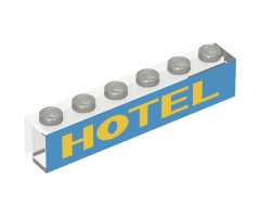 Brick 1 x 6 without Bottom Tubes with Yellow on Blue 'HOTEL' Pattern