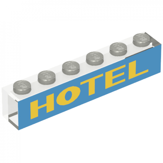 Brick 1 x 6 without Bottom Tubes with Yellow on Blue 'HOTEL' Pattern