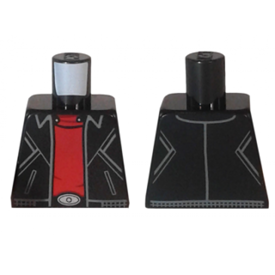 Torso Leather Jacket with Gray Stitching, Slash Pockets and Waistband over Red Shirt, Silver Oval Belt Buckle Pattern