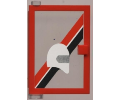 Door 1 x 4 x 5 Left with Trans-Clear Glass and Red & Black diagonal Stripe and White Helmet Pattern (Sticker) - Set 6373