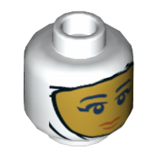 Minifigure, Head Dual Sided Female, Gold Face with Dark Blue Eyes and Red Lips / Sand Blue Face with Yellow Eyes and Open Mouth Pattern - Hollow Stud