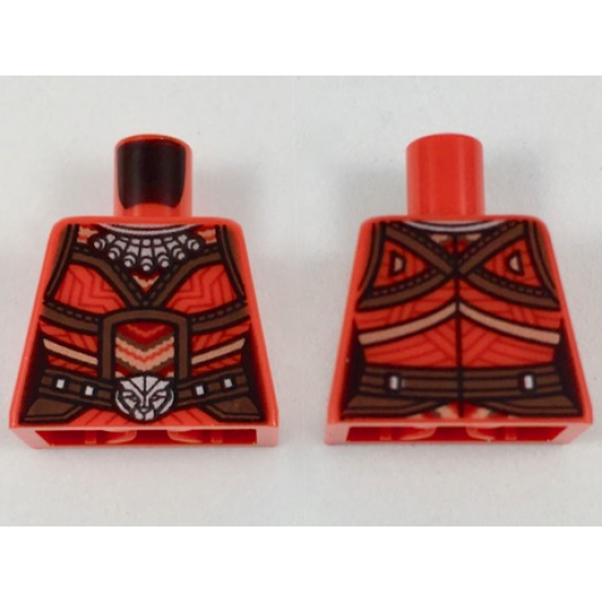Torso Female Ornate Tribal Costume, Silver Necklace and Panther Buckle, Gold and Brown Piping Pattern