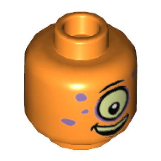 Minifigure, Head Alien Medium Lavender Spots, Large Yellowish Green Eye Cyclops Pattern - Hollow Stud