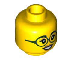 Minifigure, Head Dual Sided Female, Black Eyebrows, Dark Green Glasses, Medium Nougat Lips, Closed Smile / Open Smile Pattern - Hollow Stud