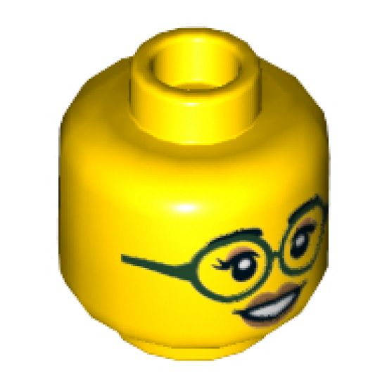 Minifigure, Head Dual Sided Female, Black Eyebrows, Dark Green Glasses, Medium Nougat Lips, Closed Smile / Open Smile Pattern - Hollow Stud