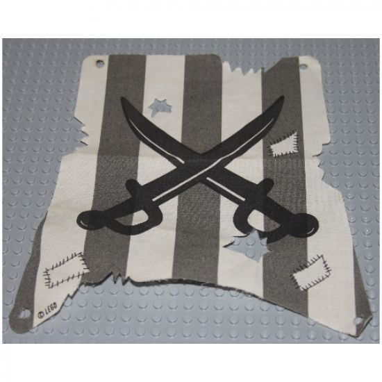 Cloth Sail Square with Dark Gray Stripes, Crossed Cutlasses Pattern, Damage Cutouts