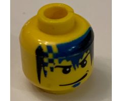 Minifigure, Head Male Smirk, Blue Goatee, Blue and Black Fade and Checkered Hair Pattern (Zed) - Blocked Open Stud