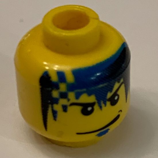 Minifigure, Head Male Smirk, Blue Goatee, Blue and Black Fade and Checkered Hair Pattern (Zed) - Blocked Open Stud