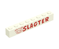 Brick 1 x 8 without Bottom Tubes with Cross Side Supports with Red 'SLAGTER' and Red Pig Pattern