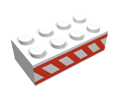 Brick 2 x 4 with Angled Red Stripes Between Two Horizontal Red Stripes Pattern